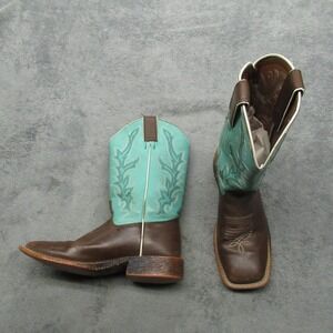 Justin Cowboy Boot Youth 1D Square Toe Brown Turquoise Western Embroidery Riding